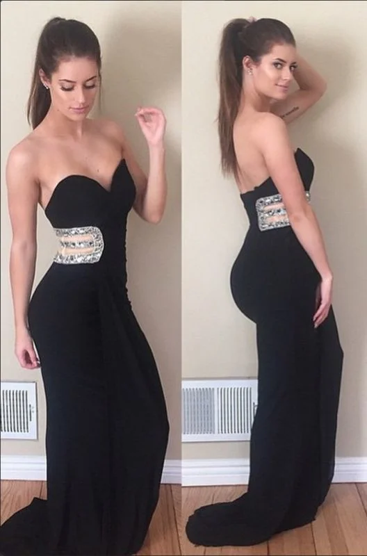 Casual Attire For Women Artful Design Modest Mermaid Sleeveless Black Crystals Sweetheart Prom Dress   cg15059