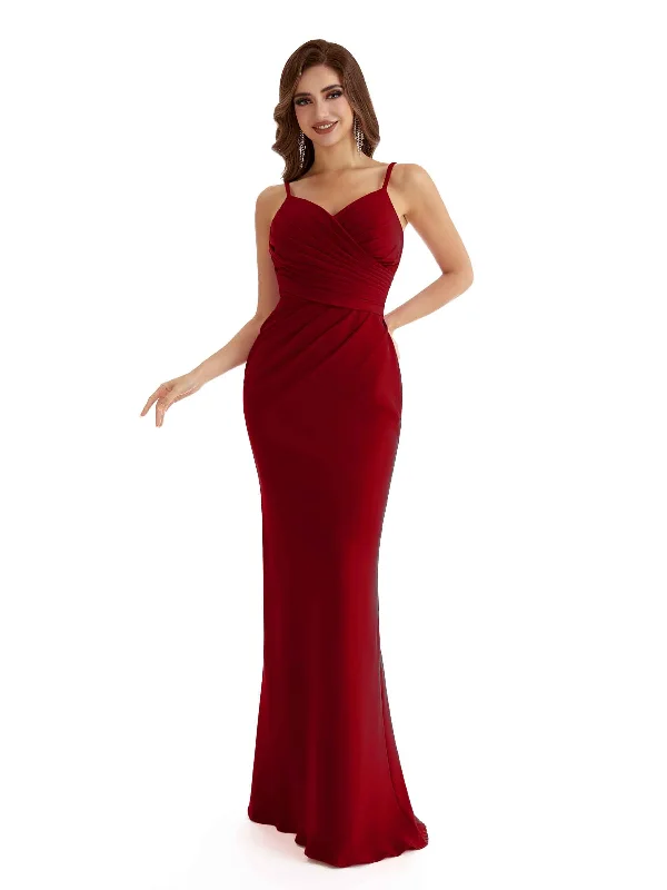 Women's Fashion-Forward Apparel Today Only Elegant Spaghetti Straps V-Neck Mermaid Side Split Stretchy Crepe Long Formal Bridesmaid Dresses