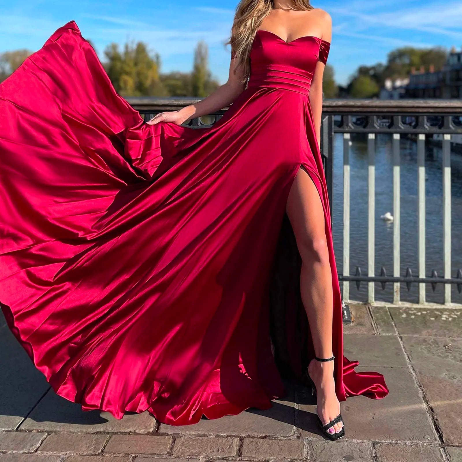 Casual Chic Clothing For Women Art Deco Geometric Pattern Look JuliaFashion - Evening Party Long Satin Off Shoulder Bridesmaid Off Shoulder Fluffy Ruffle High Slit Long Formal Dress