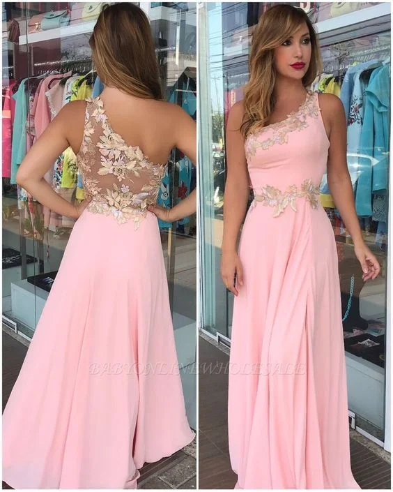 Casual Apparel For Women Polished Finish Pink One-Shoulder Sleeveless Floor-Long Flowers Prom Dress  cg8095