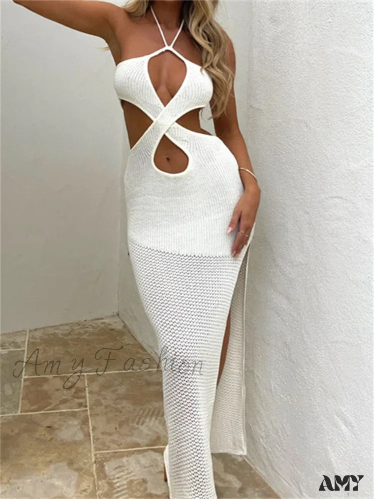 Women's Vintage-Inspired Clothing Romantic Detailing Amy Fashion - Women Sleeveless Off Shoulder Halter  Cutout Backless Summer Backless Party Beach Club Vestidos