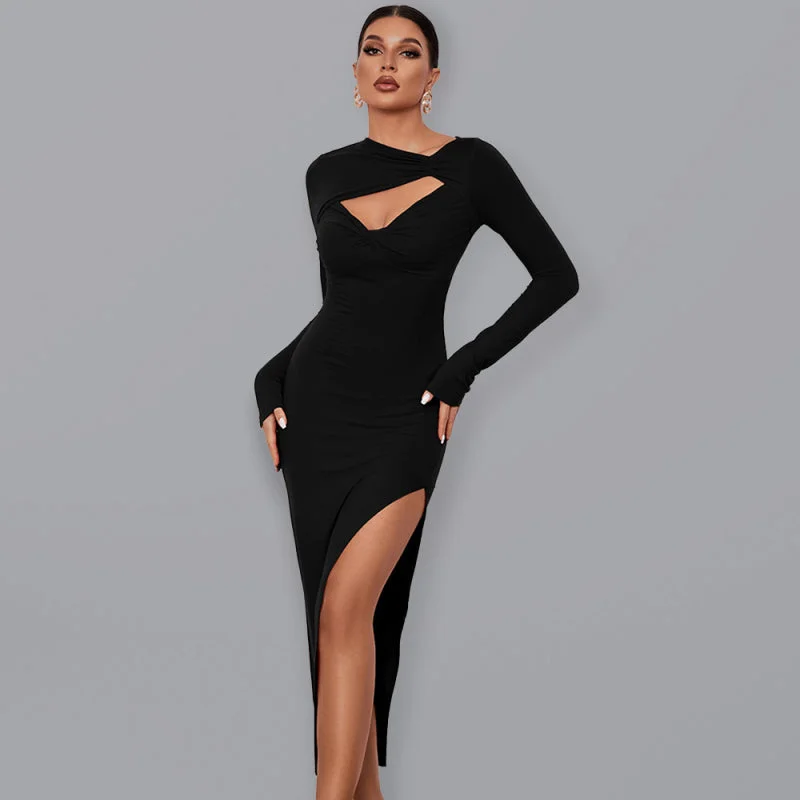 Women's Romantic Outfit Chic Allure Women’s Long Sleeved Angled Neckline Dress With Front Cutouts And Leg Slit