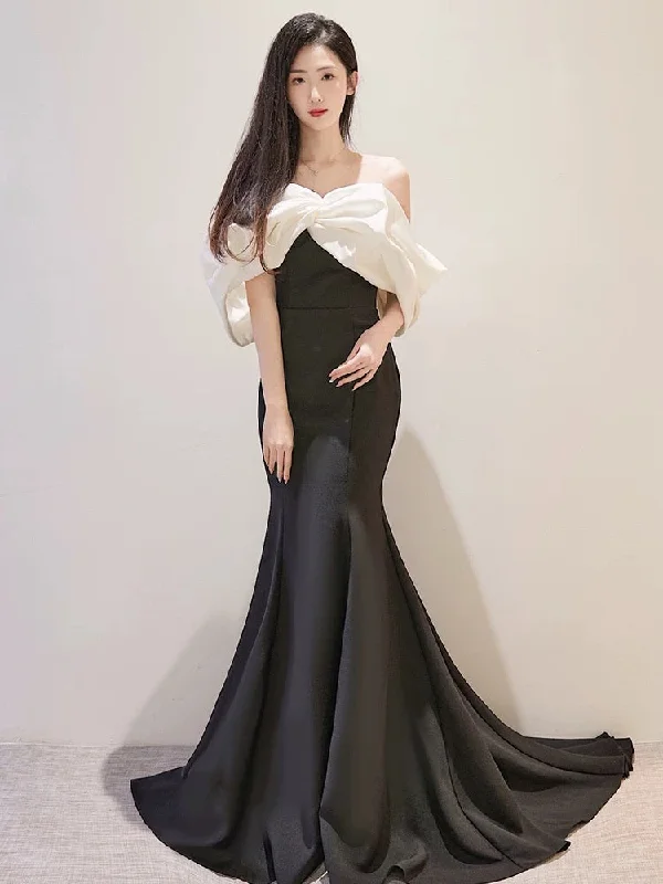 Timeless Women's Garments Minimalist Chic Modest Mermaid Off The Shoulder Satin Black Prom Dress Long Evening Dresses C1646