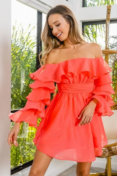 Women's Formal Event Attire Tropical Island - Inspired Attire BiBi Off Shoulder Layered Long Sleeve Ruched Dress