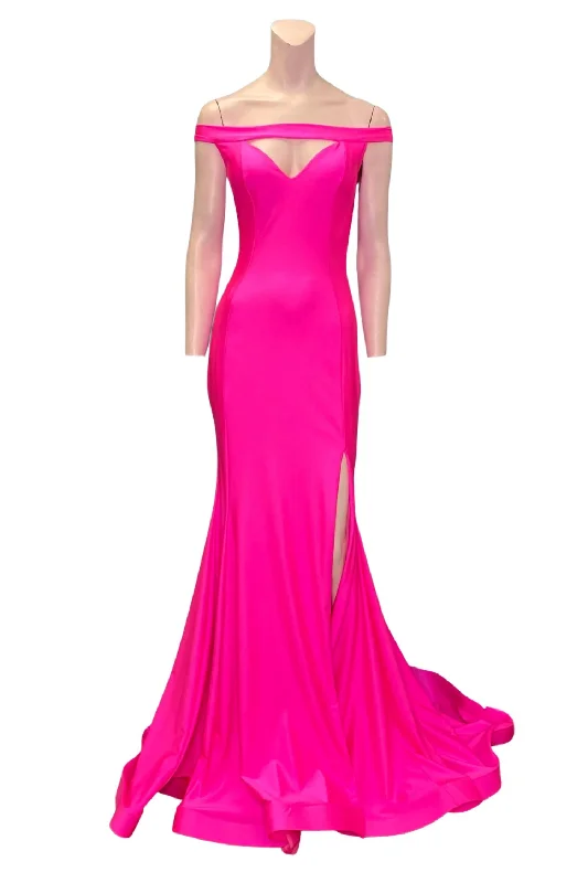 High-Fashion Women's Clothing Graceful Movement Off The Shoulder Evening Gown In Neon Pink