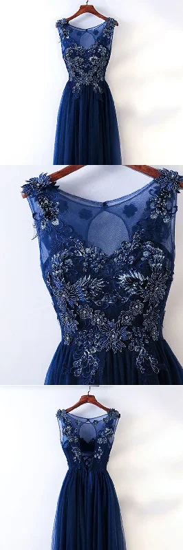 Formal Garments For Women Romantic Date - Night Ensemble Long Navy Blue Tulle Prom Dress With Embroidery Sleeveless   cg12507