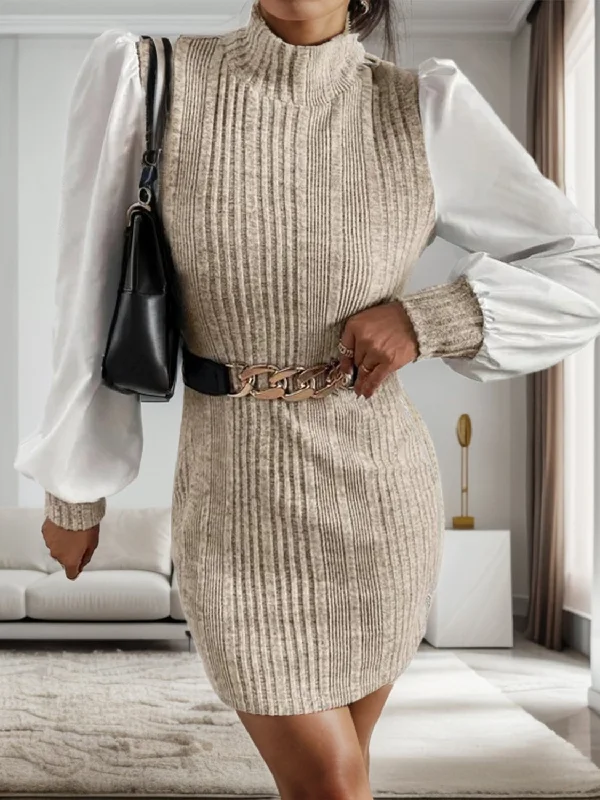 Women's Night-Out Outfit Feminine Elegance Ribbed Contrast Long Sleeve Sweater Dress