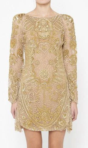 Women's Elegant Evening Attire Chic Urban Fashion Look Emilio Pucci - Nude Long Sleeve Gold Beaded Skull Face Dress - IT 42