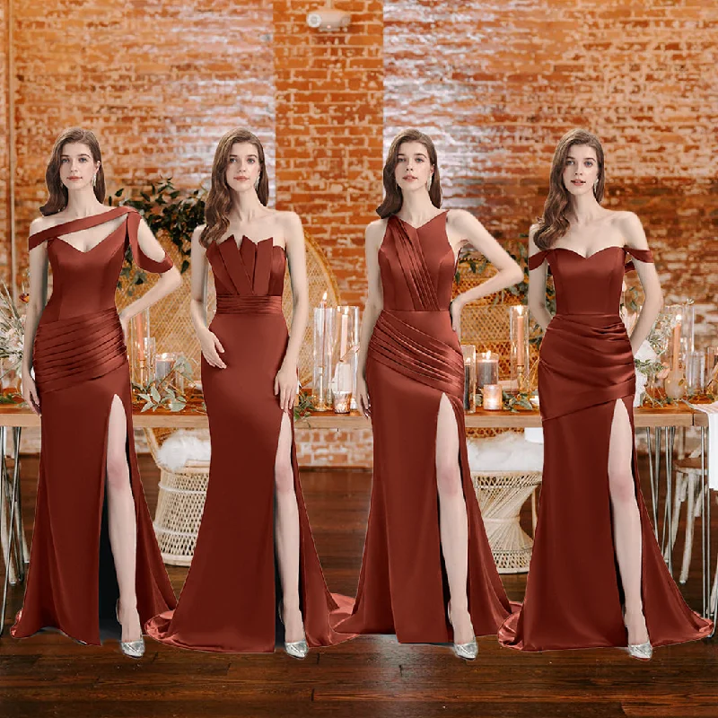 Women's Travel Garments Feminine Charm Rust Sexy Chic Silky Mismatched Soft Satin Mermaid Long Bridesmaid Dresses