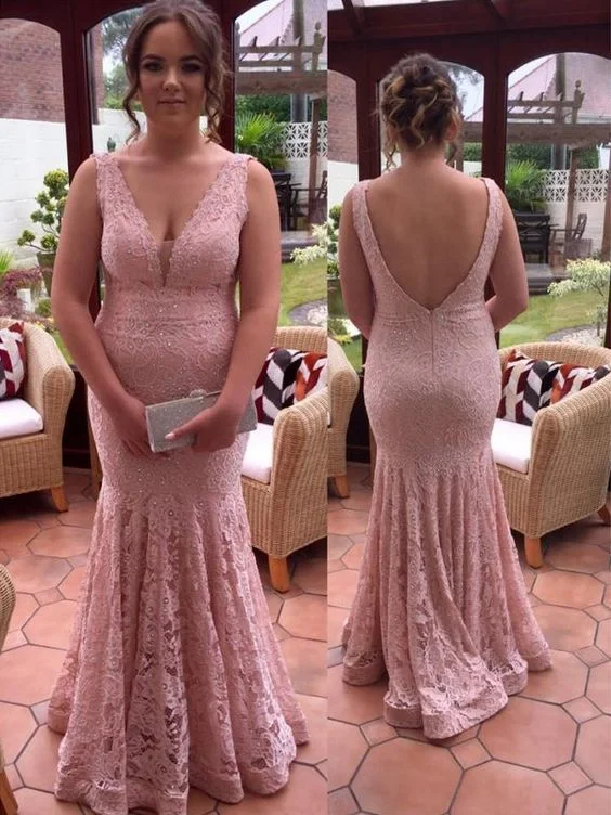 Modern Women's Attire Sophisticated Cut Trumpet/Mermaid V-neck Sleeveless Beading Floor-Length Lace Plus Size prom Dresses   cg13735