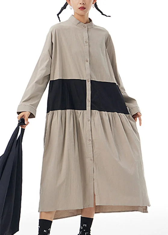 Affordable Women's Garments Classic Charm Stylish Khaki Stand Collar Patchwork Button Cotton Long Shirt Dress Long Sleeve