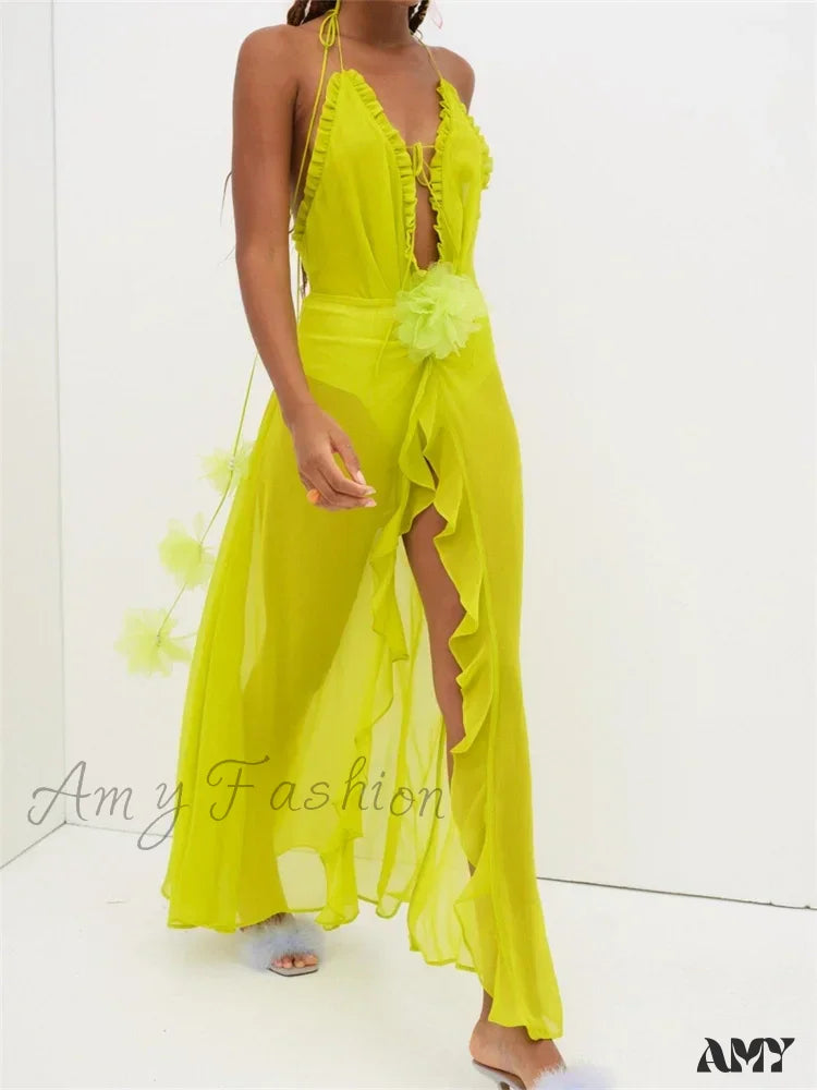 Women's Charming Outfit For Events Exquisite Craftsmanship Amy Fashion - Sexy Women Summer Beach  Sleeveless Halter Tie-up Backless See-through Flower Split Ruffles Vestidos