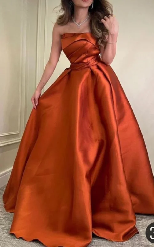 Women's Luxury Apparel Playful Elegance Pretty A Line Strapless Burnt Orange Satin Evening Dress Prom Dresses With Ruffles C3686