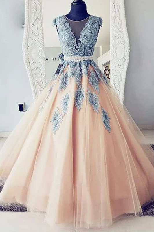 Women's Clothes For Work Vintage Charm Puffy Sleeveless Teal Blue Lace Appliqued and Peach Tulle Long Prom Dresses