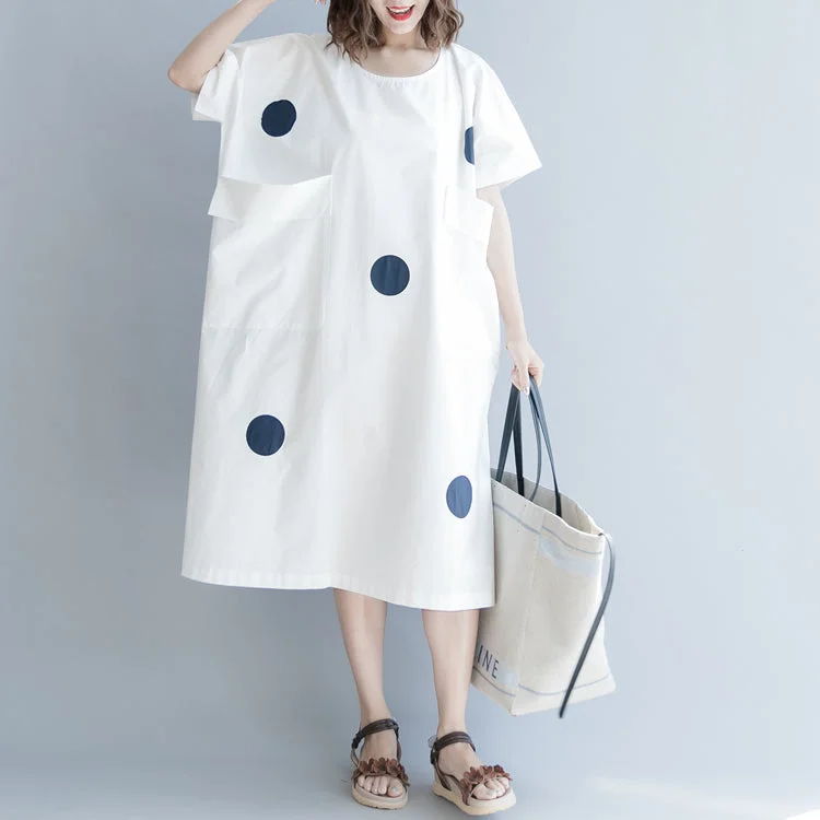 Women's Contemporary Clothing Refined Look women white dotted cotton shift dress oversize shirt dress New short sleeve O neck baggy dresses natural cotton dress