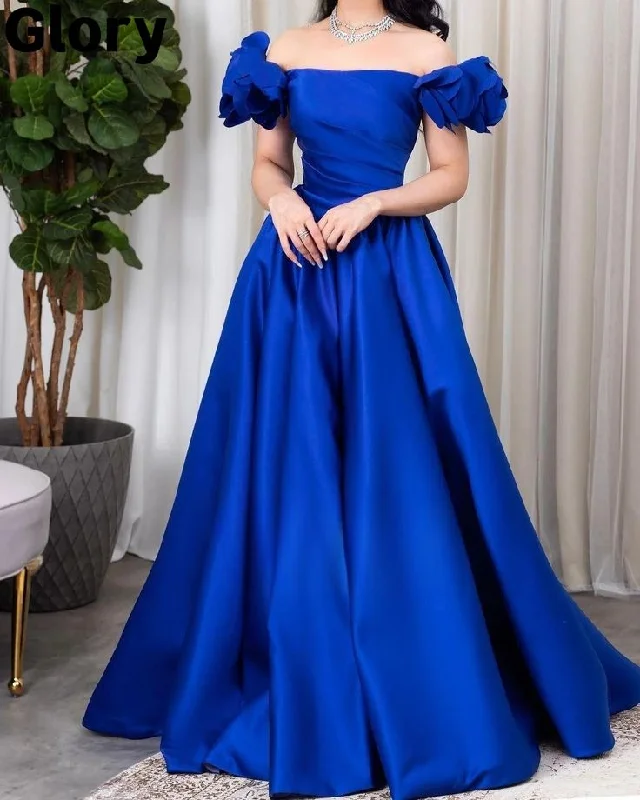 Comfortable Women's Apparel Charming Silhouette Pretty A Line Off The Shoulder Royal Blue Satin Long Prom Dress Evening Dresses C3711