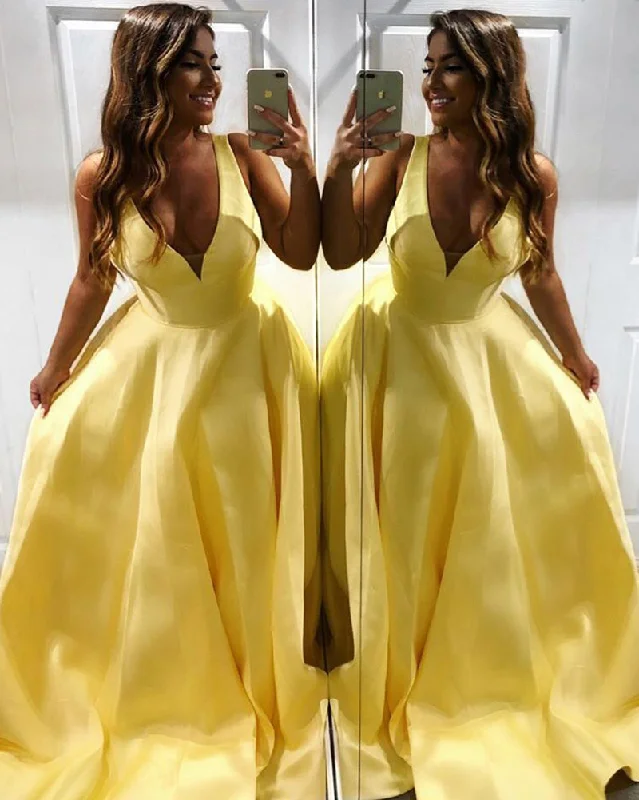 Women's Vacation Outfit Set Vintage Charm Siaoryne A Line Satin V Neck Girls Teal/Yellow Prom Dresses Long 2019 PL1115