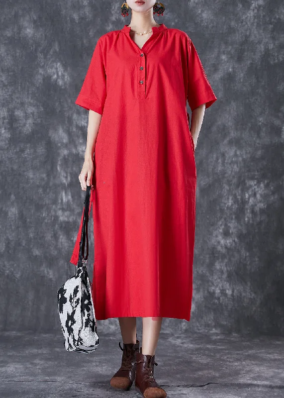 Timeless Women's Garments Boho - Chic Festival - Ready Style Red Slim Fit Cotton Shirt Dress Tie Waist Button Summer