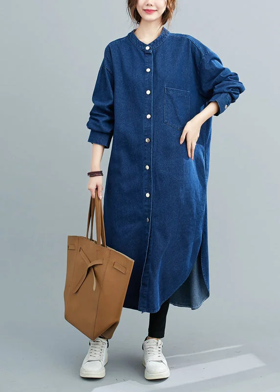 Timeless Women's Outfit Parisian Effortless Chic Style Simple Denim Blue Stand Collar Oversized Side Open Cotton Shirt Dresses Spring