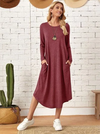 Women's High-Fashion Outfit Classic Charm Pocketed Round Neck Long Sleeve Tee Dress