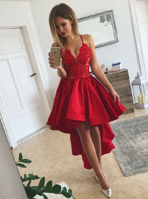 Sustainable Fashion Clothing For Women Exquisite Craftsmanship Spaghetti Straps V-neck Lace Bodice Asymmetry Red Satin Prom Dress OP172