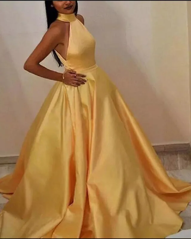 Timeless Women's Outfit Urban Sophistication Elegant Halter A Line Satin Sunny Yellow Evening  Dress Long Women Prom Party Gown 2019