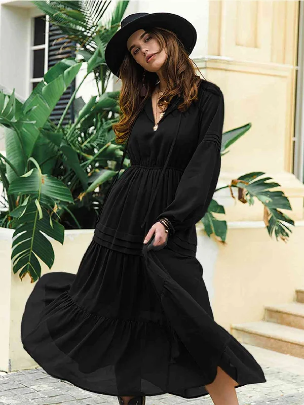 Women's Cozy Outfit For Lounging Romantic Detailing Tie Neck Long Sleeve Midi Tiered Dress