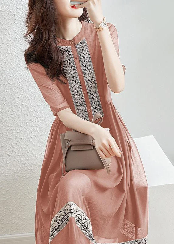 Women's Athletic Garments Romantic Detailing New Pink Button Patchwork Cotton Shirt Dresses Half Sleeve