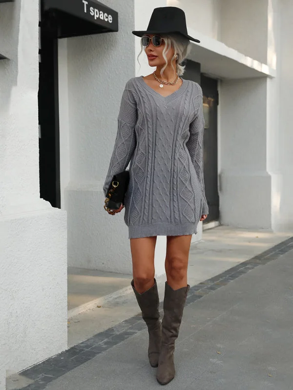 Casual Attire For Women Feminine Soft - Hued Look Women’s V-Neck Textured Short Knit Dress With Long Sleeves