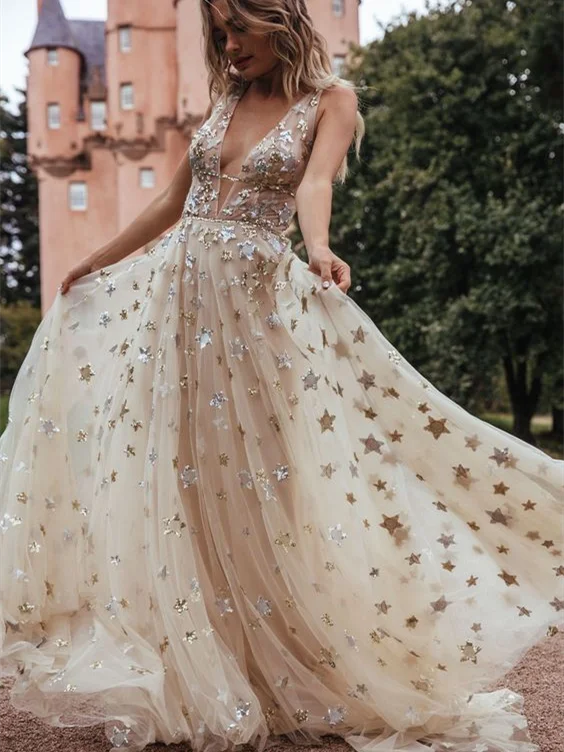 Women's Clothing And Garments Sets Exquisite Craftsmanship Deep V-neck Star Sequin Prom Dresses, Wedding Dresses, Newest Prom Dresses, 2021 Prom Dresses