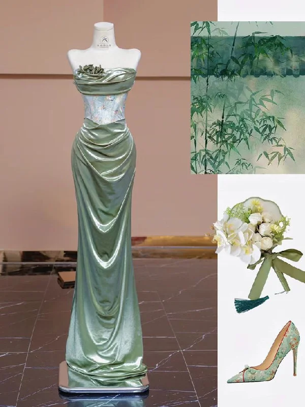 Women's Vintage-Inspired Clothing Exquisite Craftsmanship Pretty Mermaid Sweetheart Satin Green Long Evening Dress Prom Dresses C3480