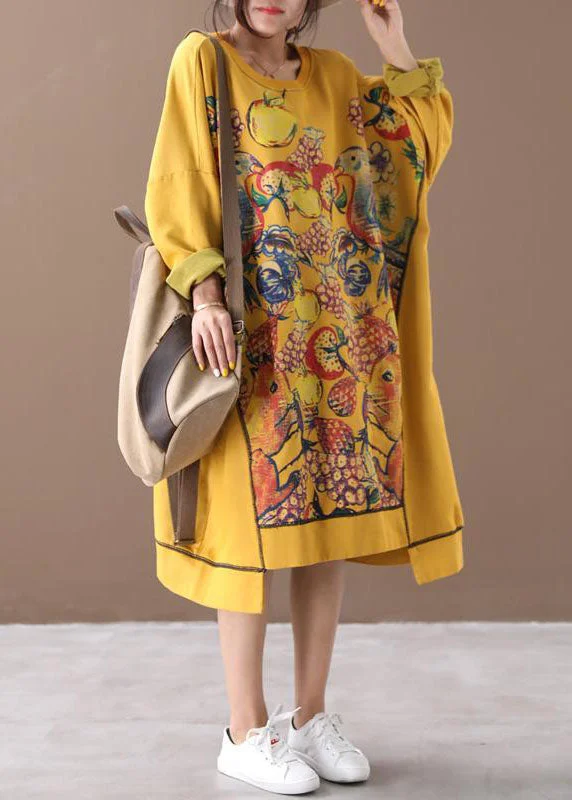 Women's Transitional Clothes Feminine Elegance Casual Yellow Asymmetrical Print Cotton Loose Sweatshirt dress Winter