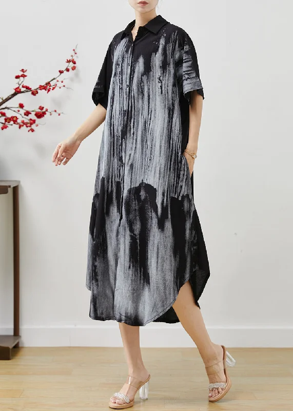 Women's Chic Outfit Playful Elegance Boho Black Oversized Print Cotton Shirt Dresses Summer