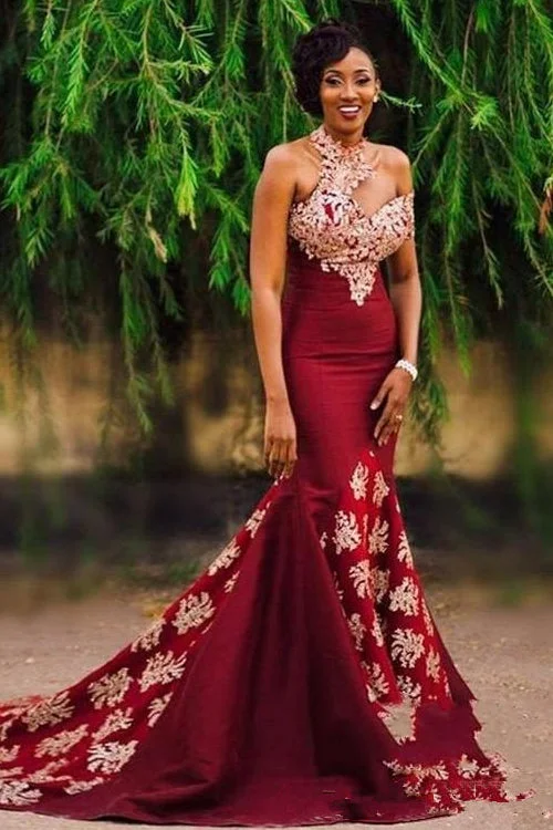 Women's Comfortable Clothes For Weekends Luxury Comfort Gorgeous Burgundy Mermaid Prom Dresses Long Appliqued Sleeveless Evening Dresses N1257