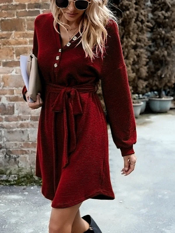 Women's Travel Outfit Set Chic Urban Fashion Look Women's Long Sleeve Knitted A-Line Dress With Front Button Design And Belt