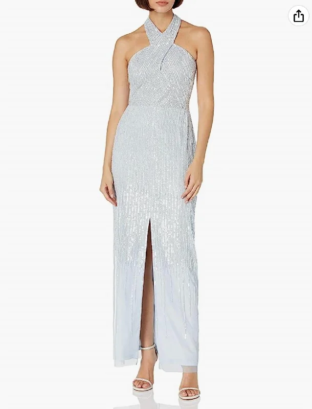 Fashion-Forward Women's Clothing Big Savings on Minimalist Office Styles Halter Beaded Column Gown In Glacier