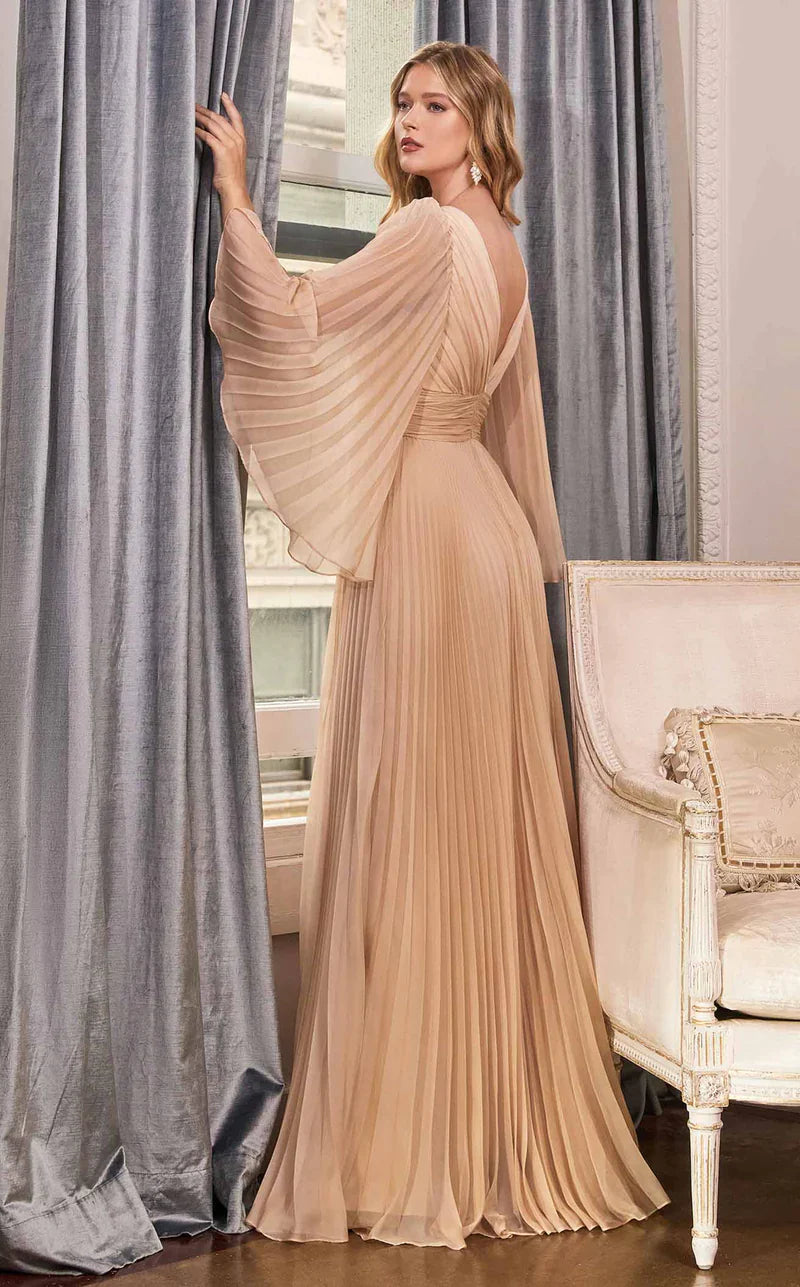 Women's Party Outfit Flash Sale Ladivine CD242 Size 16 Champagne Long Pleated Chiffon A Line Bell Sleeve V Neck Formal Dress Bridesmaid Gown