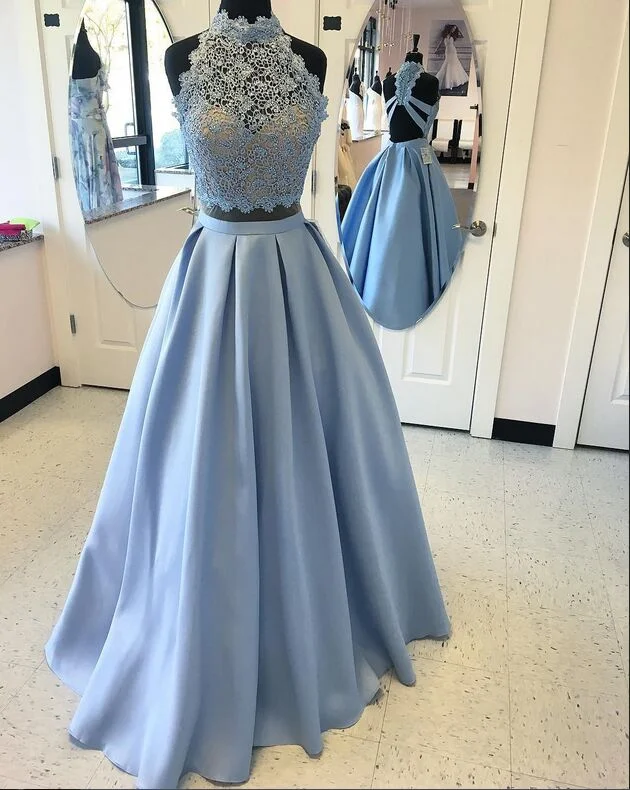 Women's Activewear Garments End - of - Month Blowout LP877 Crop Top Prom Dress Long Satin Party Gown, Two Pieces Blue Girls Graduation Formal Wear 2018