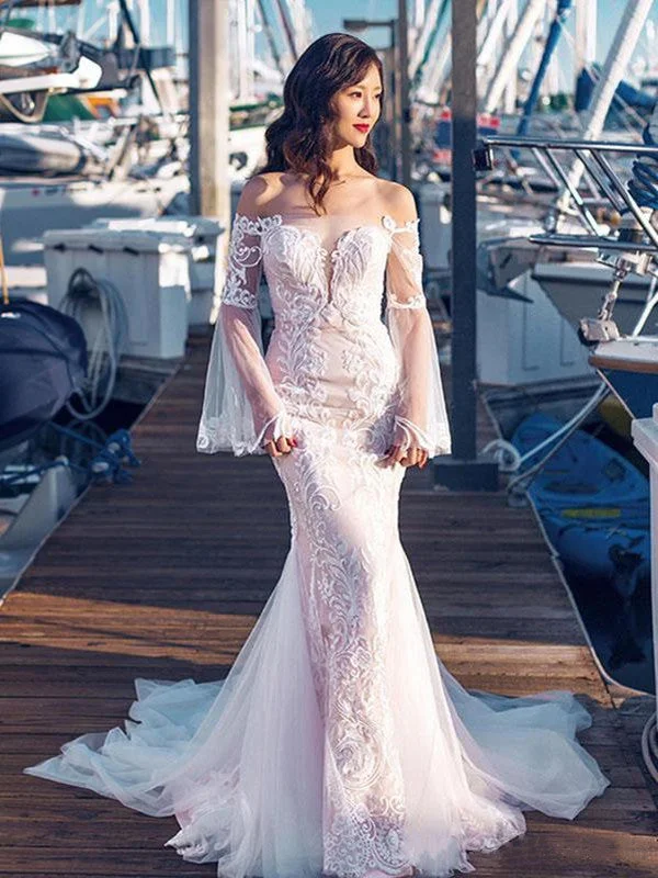 Women's Clothes And Garments Playful Elegance Off Shoulder Long Sleeves Bridal Gowns, Popular Mermaid Lace Wedding Dresses