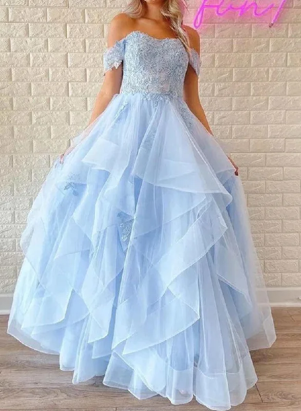 Women's Transitional Clothes Nordic Minimalist Home Look Women Light Blue Appliques Prom Dresses Long Cute A-Line Evening Gowns Formal Party Dress YPD400