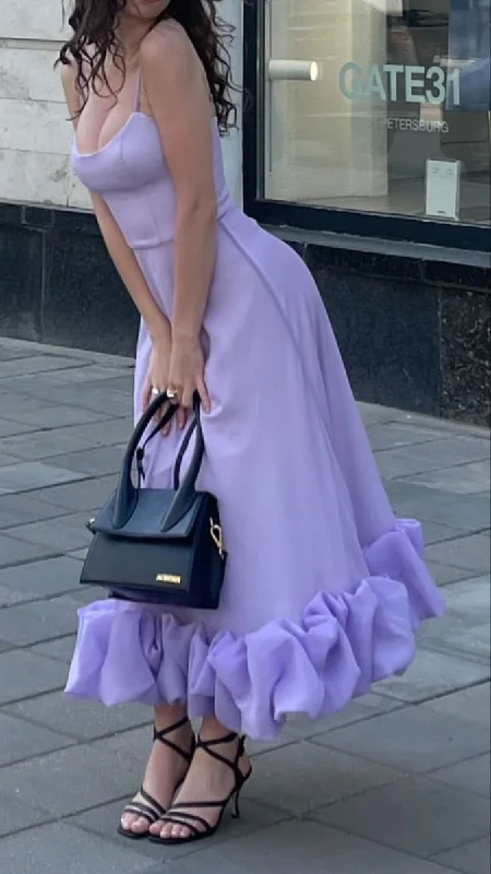 Stylish Women's Outerwear Apparel Art Deco Geometric Pattern Look Vintage A line Spaghetti Straps Lilac Satin Evening Dress Ruffles Prom Dresses BD2492