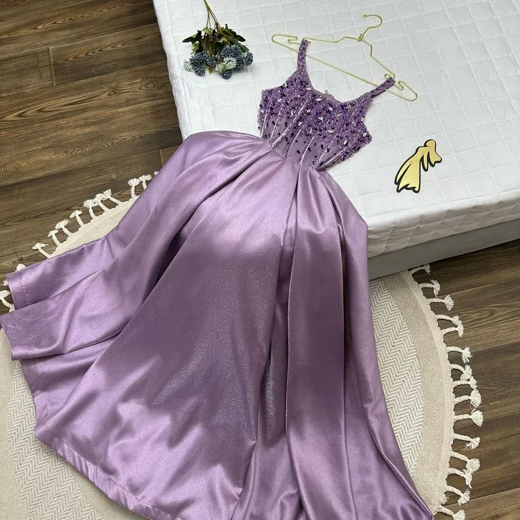 Stylish Women's Apparel Refined Simplicity Pretty A Line Spaghetti Straps Lilac Satin Long Prom Dress Evening Dresses C3714