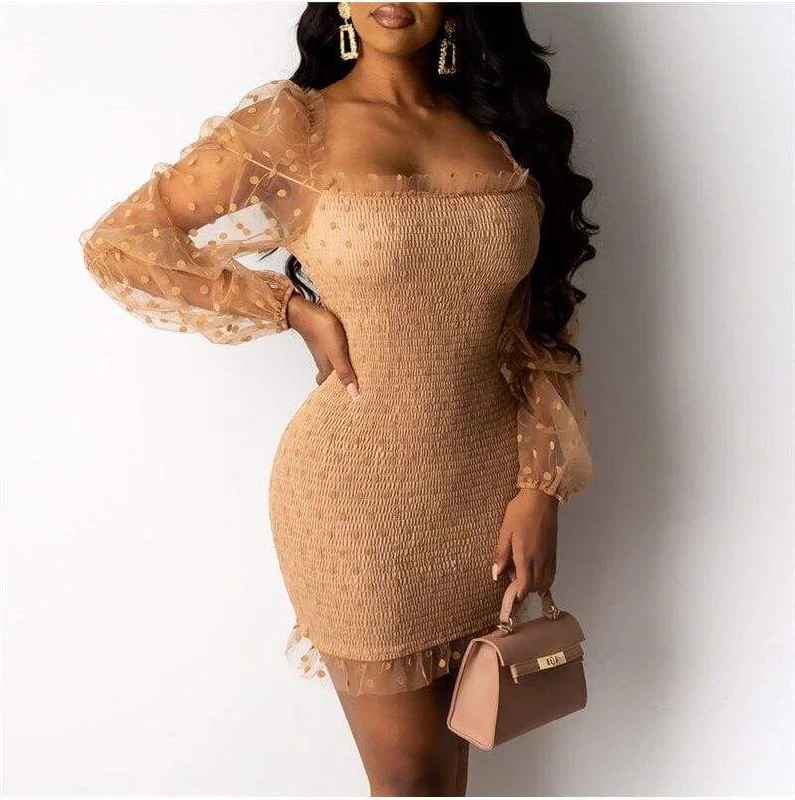 Classic Women's Apparel Bohemian Vibe FashionSierra - Fashion Women Sexy Mesh Puff Long Sleeve Bodycon Mini Dress Elegant Ruffles Bandage Party Club Ladies Dresses Streetwear