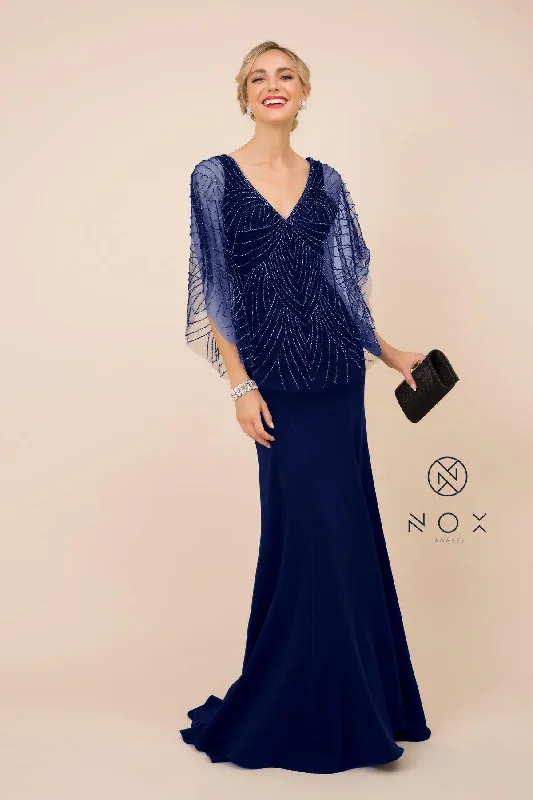 Women's Resort Attire Effortless Style Long Fitted V-Neck Formal Dress with Beaded Cape Prom Sale