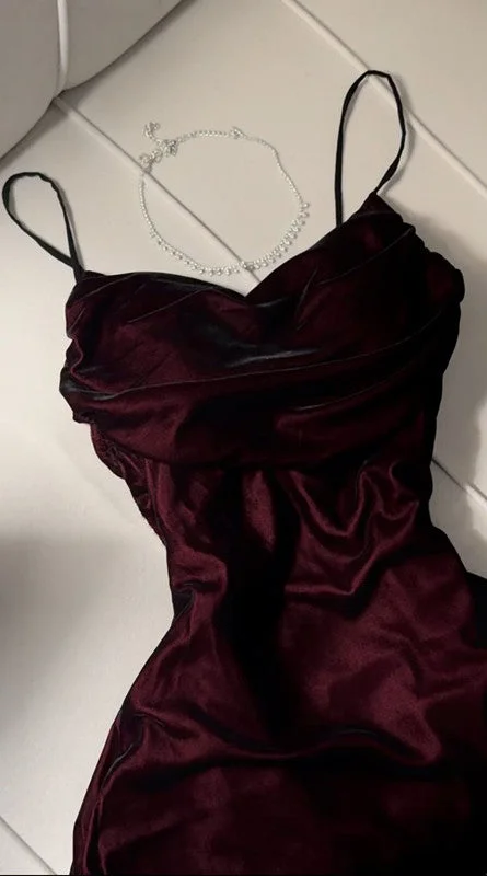 Women's Casual Wear Clothing Rustic Countryside Charm Look Elegant A Line Straps Burgundy Satin Long Prom Dresses Party Dresses C3529