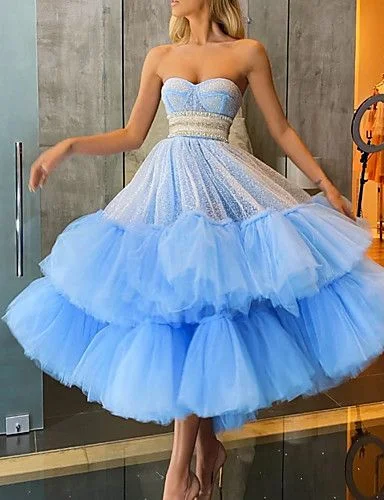 Fashionable Women's Clothing Score Big on Glamorous Red - Carpet Styles A-Line Glittering Luxurious Engagement Prom Dress Sweetheart Neckline Sleeveless Ankle Length Tulle with Tier   cg18131