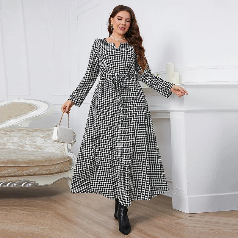 Women's Vintage-Inspired Outfit Elegant Details Versatile Long Sleeves Houndstooth Dress