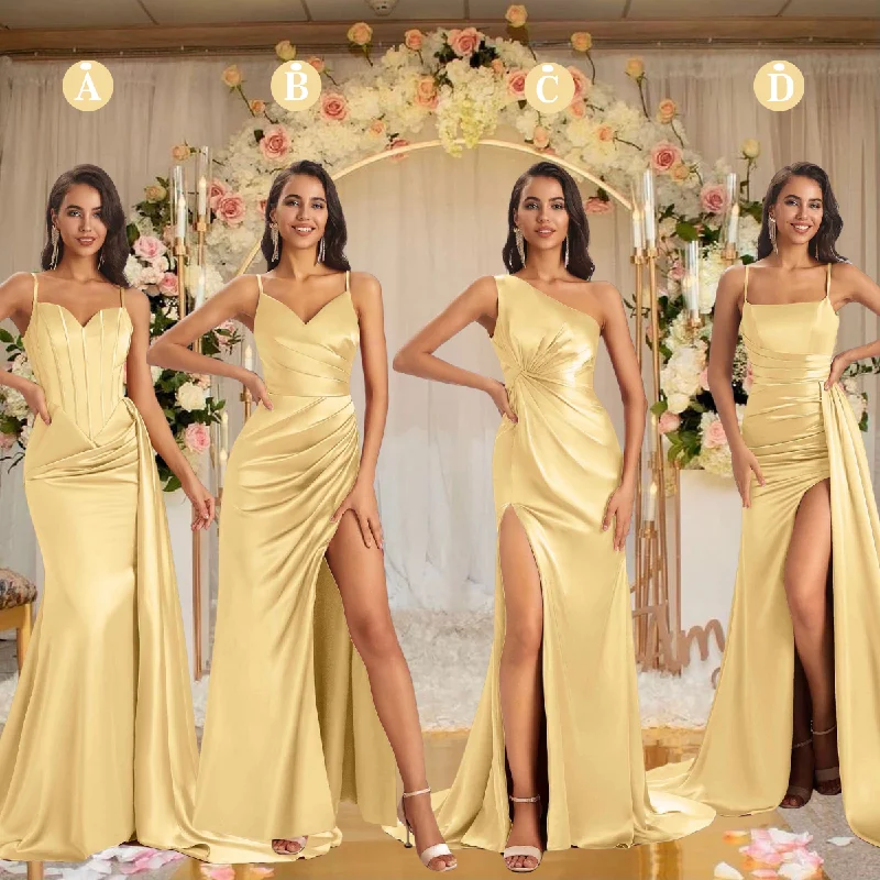 Women's Elegant Apparel Feminine Soft - Hued Look Mismatched Gold Sexy Side Slit Mermaid Soft Satin Long Bridesmaid Dresses Online