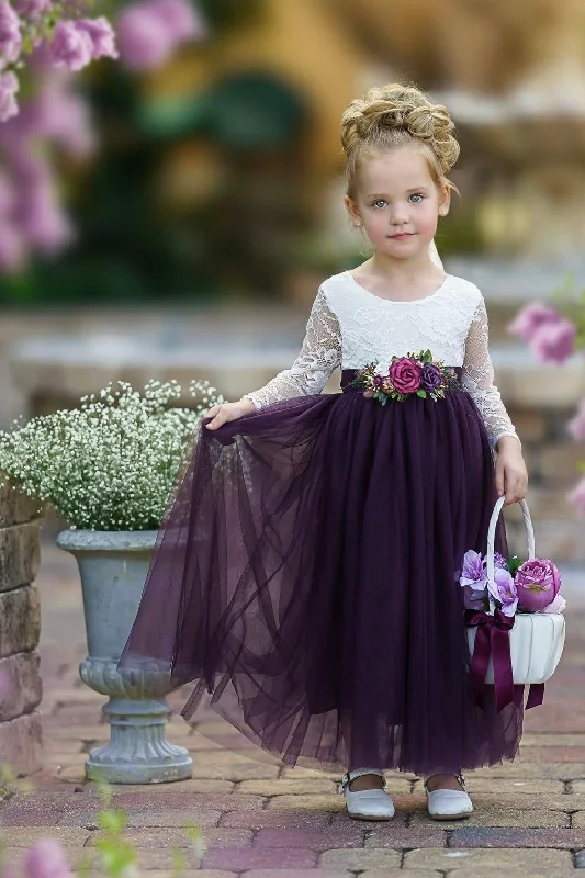 Women's Festive Attire Dreamy Draping Long Sleeve Eggplant Tulle and White Lace Flower Girl Dress