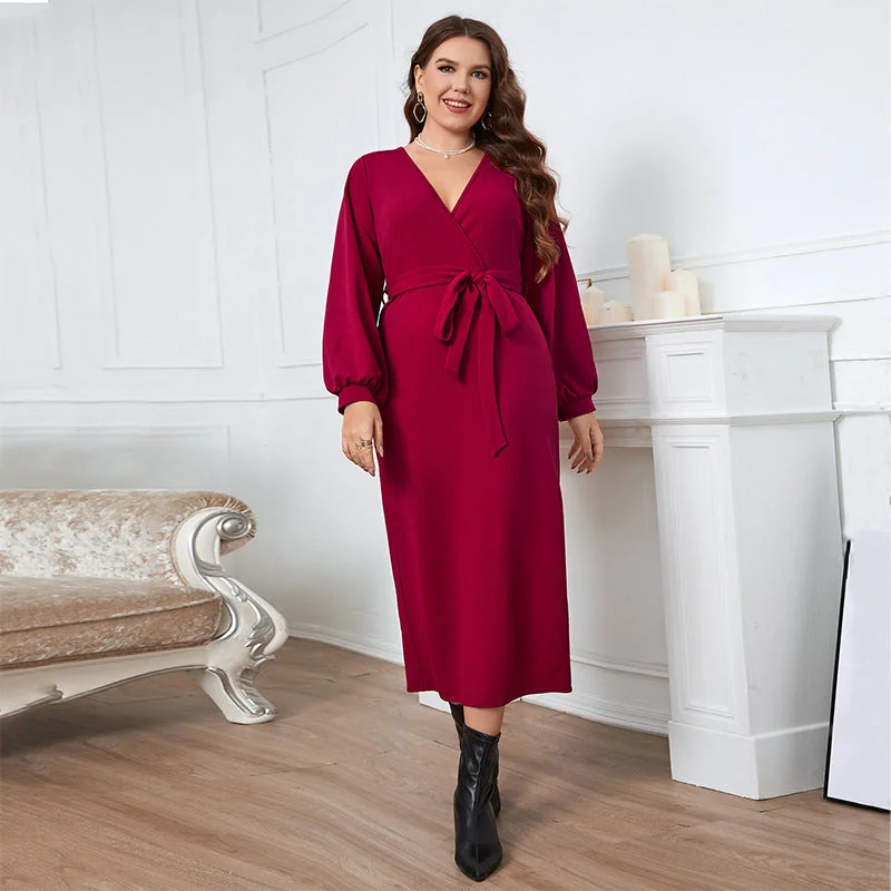 Women's Charming Outfit For Events Dreamy Aesthetic Long Sleeved Red V Neck Dress